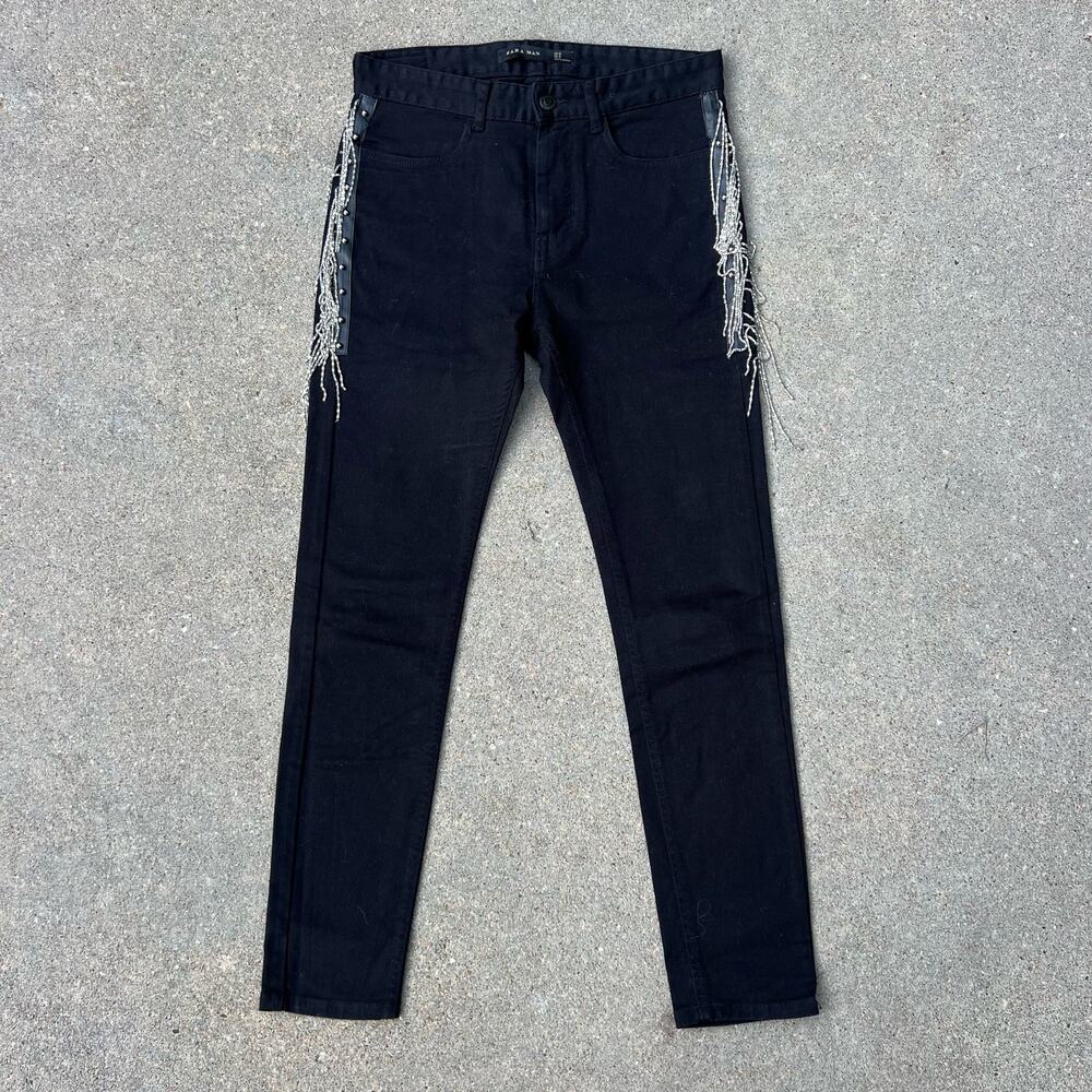 Zara Man Black Skinny Jeans Bling Stud Rhinestone Fringe US Size 31